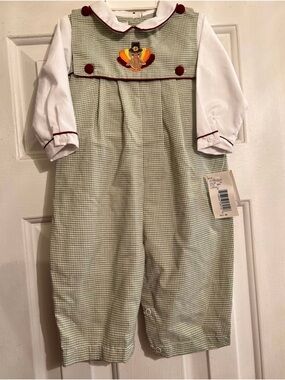 NWT Petit Ami Green Gingham Romper with Turkey Appliqué